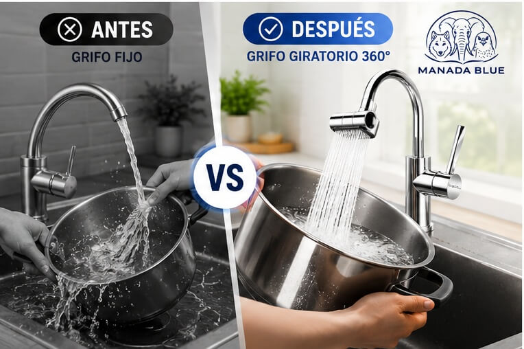 Grifo giratorio 360° 4 en 1 instalado en lavaplatos MANADA BLUE