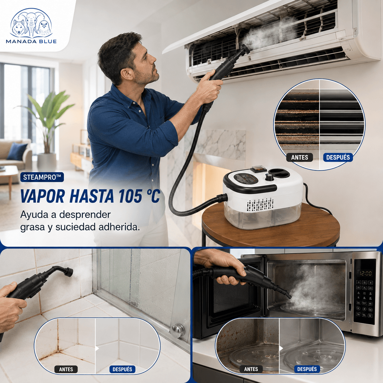 SteamPro - Maquina de Limpieza a Vapor 2500W Portátil Manada Blue