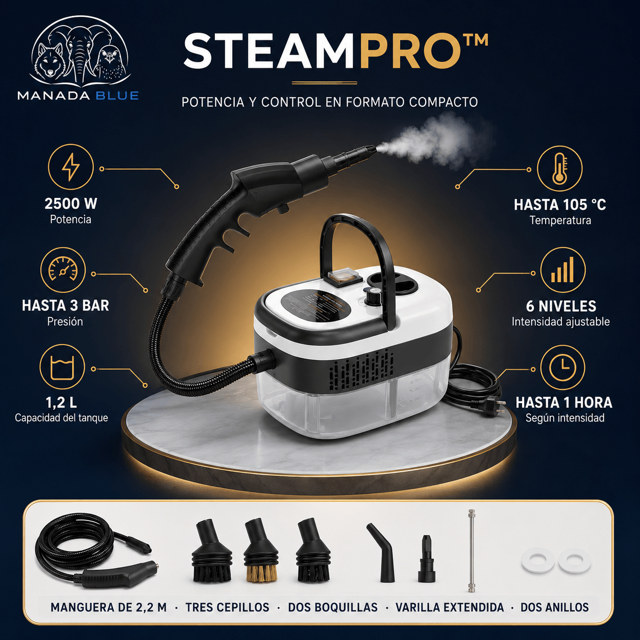 SteamPro - Maquina de Limpieza a Vapor 2500W Portátil Manada Blue
