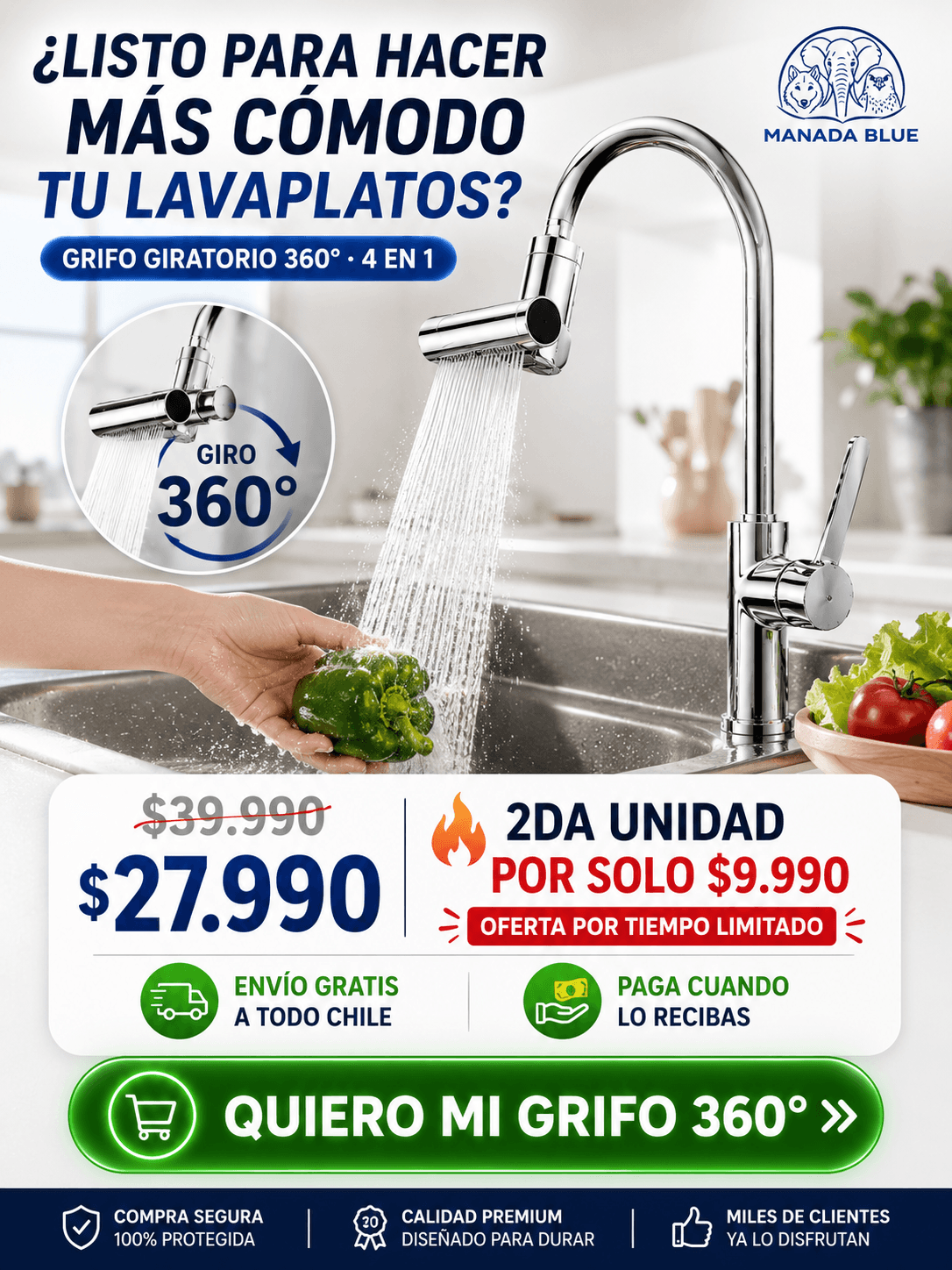 Grifo giratorio 360° 4 en 1 instalado en lavaplatos MANADA BLUE