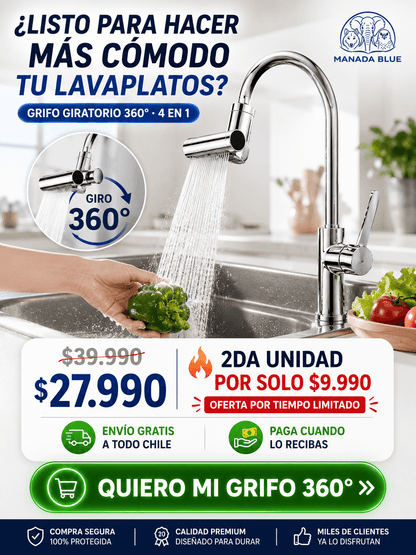 Grifo giratorio 360° 4 en 1 instalado en lavaplatos MANADA BLUE